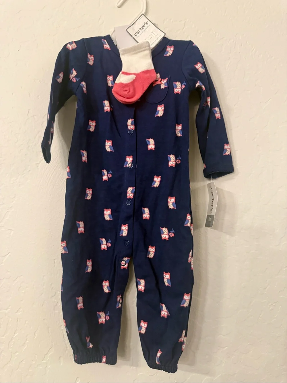 Carter's Navy Footless One-Piece Pajamas with Pink Owl Print